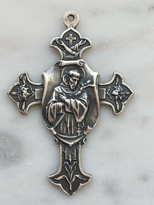 Sterling Silver Saint Francis Cross with Lilies - Antique Reproduction - Latin Prayer - Franciscan Crucifix