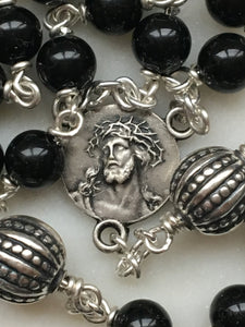 Sterling Silver Black Onyx Rosary - Bali Beads - Argentium Silver Wire-Wrapped - Beautiful medals!