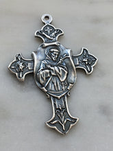 Load image into Gallery viewer, Sterling Silver Saint Francis Cross with Lilies - Antique Reproduction - Latin Prayer - Franciscan Crucifix
