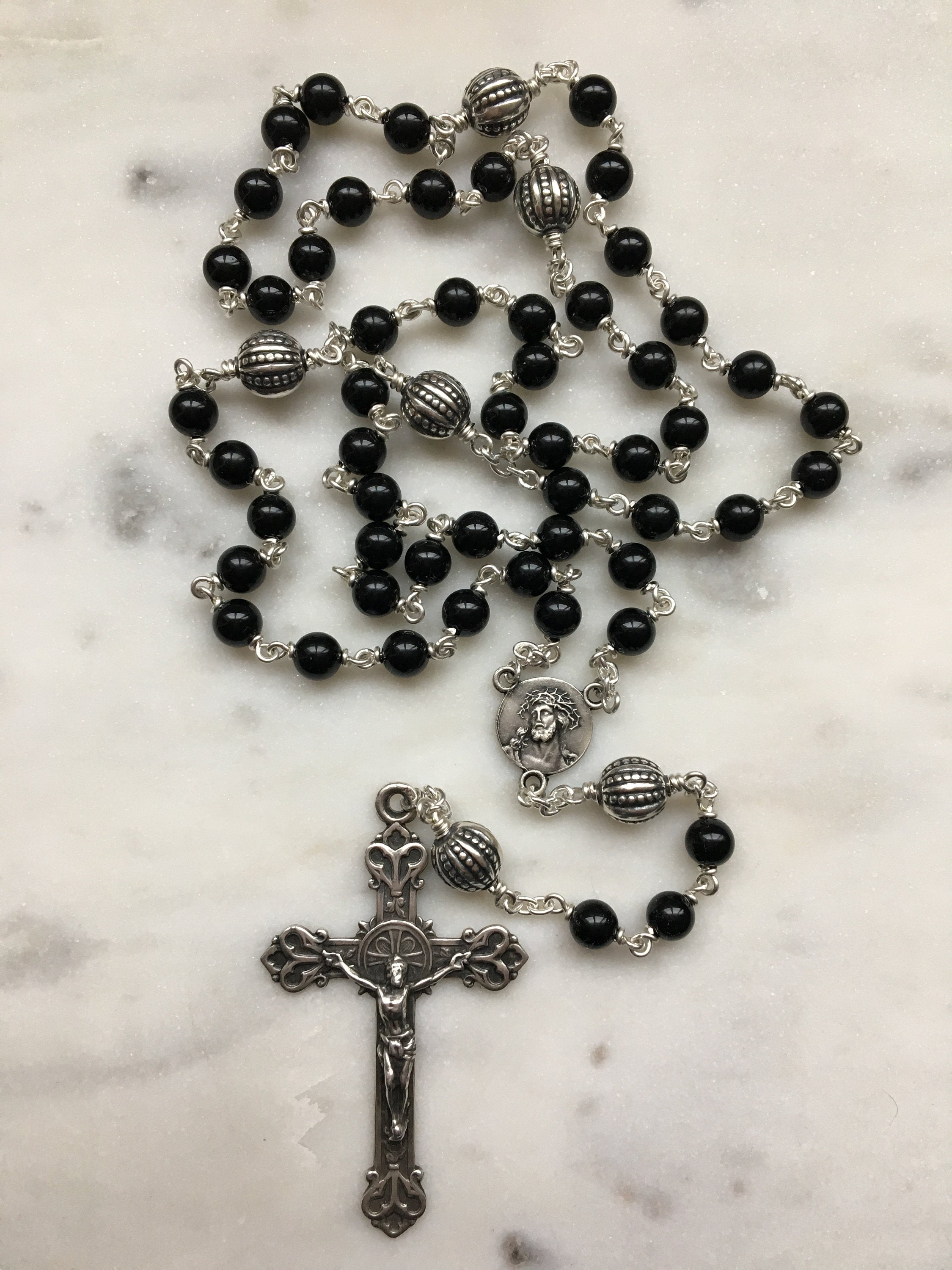 Sterling Silver Black Onyx Rosary - Bali Beads - Argentium Silver