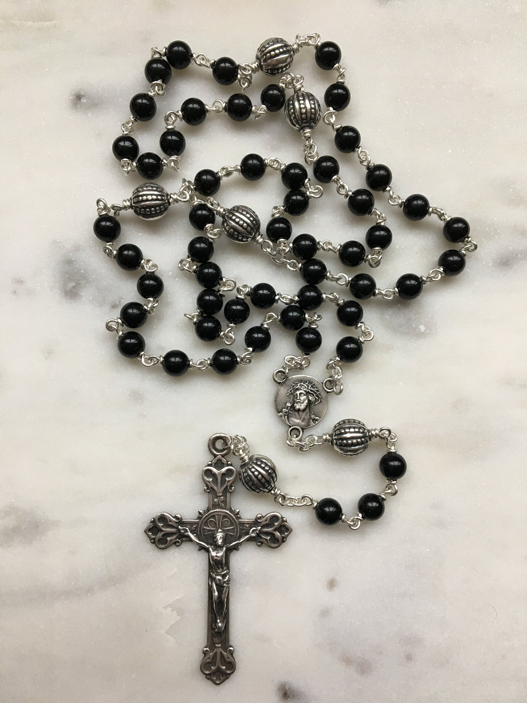 Sterling Silver Black Onyx Rosary - Bali Beads - Argentium Silver Wire-Wrapped - Beautiful medals!