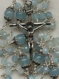 Aquamarine Rosary - Sterling Silver - Marion Auspice Center -Spanish Crucifix