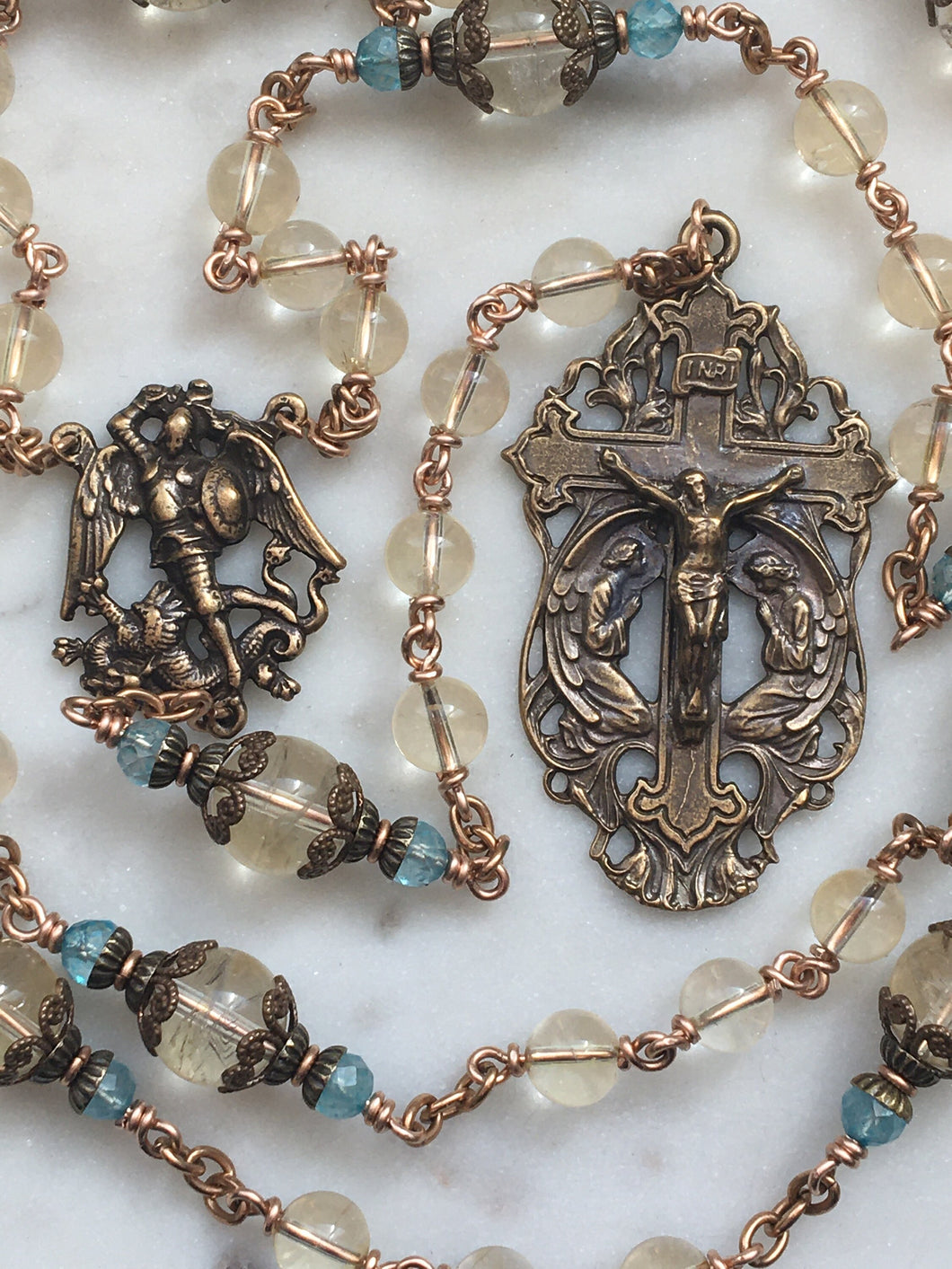 Saint Michael Chaplet - Wire wrapped - Lemon Quartz and Citrine Gemstones - Bronze - St. Michael and Angels Crucifix