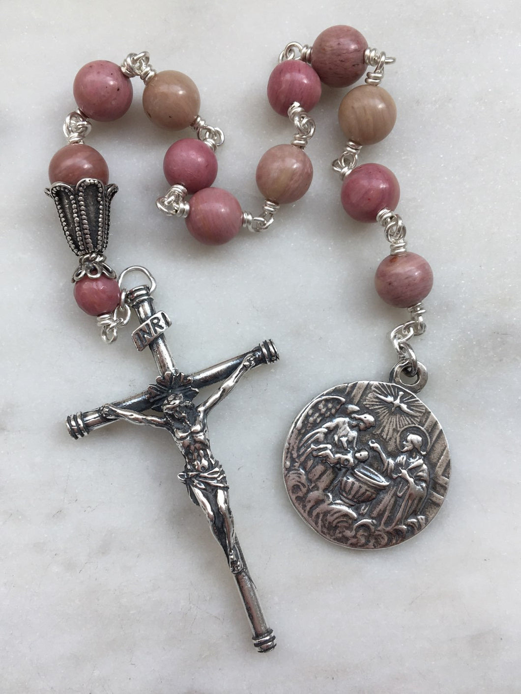 Baptism Tenner - Pink Rhodonite Gemstone Rosary - Argentium and Sterling Silver