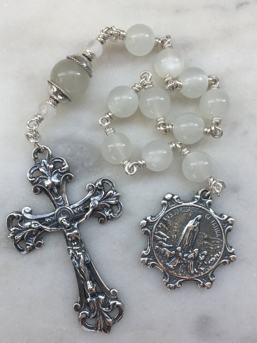 Our Lady of Fatima Tenner - Moonstone Gemstone Rosary - Argentium and Sterling Silver - Single Decade Rosary