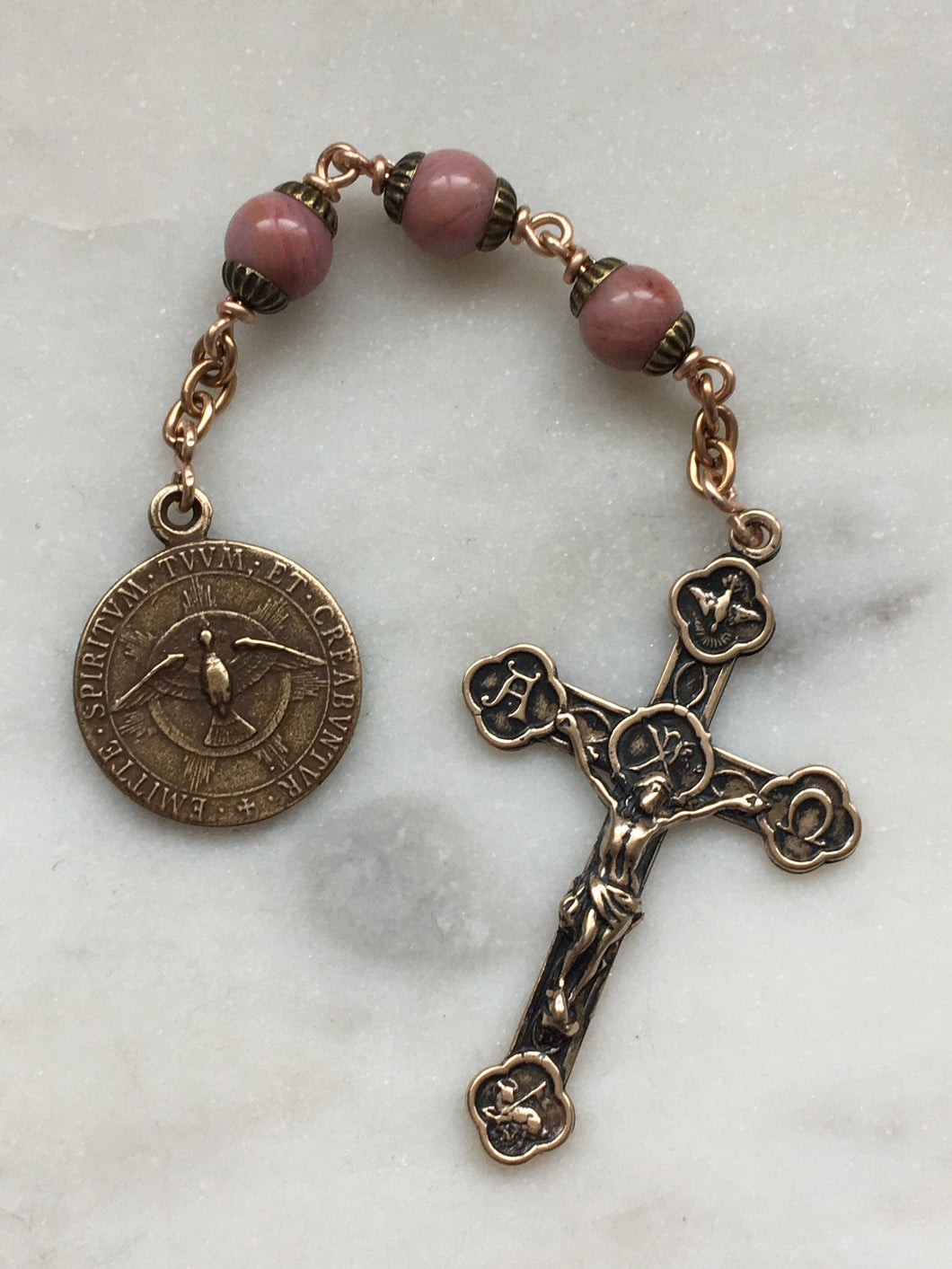 Three Hail Mary Chaplet - Holy Spirit Medal - Alpha Omega Crucifix - Rhodonite Gemstones - Bronze CeCeAgnes