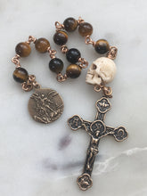 Load image into Gallery viewer, Memento Mori Pocket Rosary -  Tiger eye and Ox Bone Skull - Bronze - Tenner - Saint Michael - Single Decade Rosary

