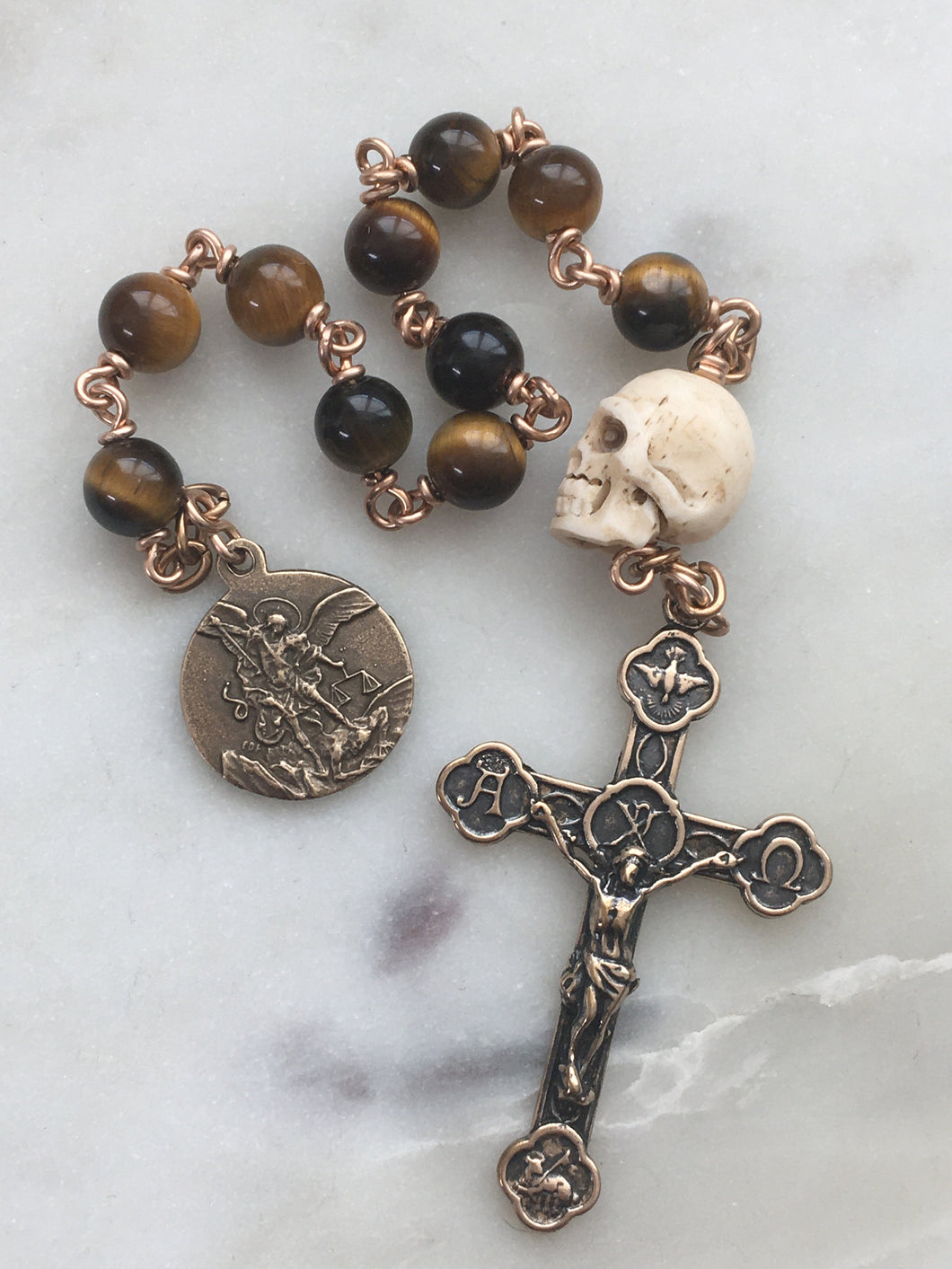 Memento Mori Pocket Rosary -  Tiger eye and Ox Bone Skull - Bronze - Tenner - Saint Michael - Single Decade Rosary