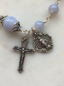Blue Lace Agate Rosary Bracelet - All Sterling - Wire-wrapped