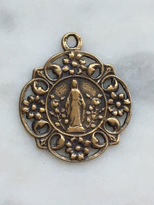 Medal - Mary with Flowers - Bronze or Sterling Silver - Antique Reproduction 058