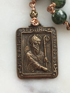Memento Mori Irish Rosary - Chrome Diopside and Ox Bone Skull  - Bronze - Wire-wrapped Tenner - Saint Patrick - Celtic Cross CeCeAgnes