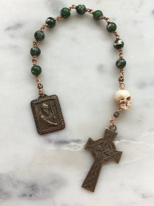 Memento Mori Irish Rosary - Chrome Diopside and Ox Bone Skull  - Bronze - Wire-wrapped Tenner - Saint Patrick - Celtic Cross CeCeAgnes