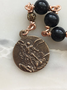 Memento Mori Pocket Rosary - Black Onyx and Ox Bone Skull - Bronze - Tenner - Saint Michael - Single Decade Rosary CeCeAgnes
