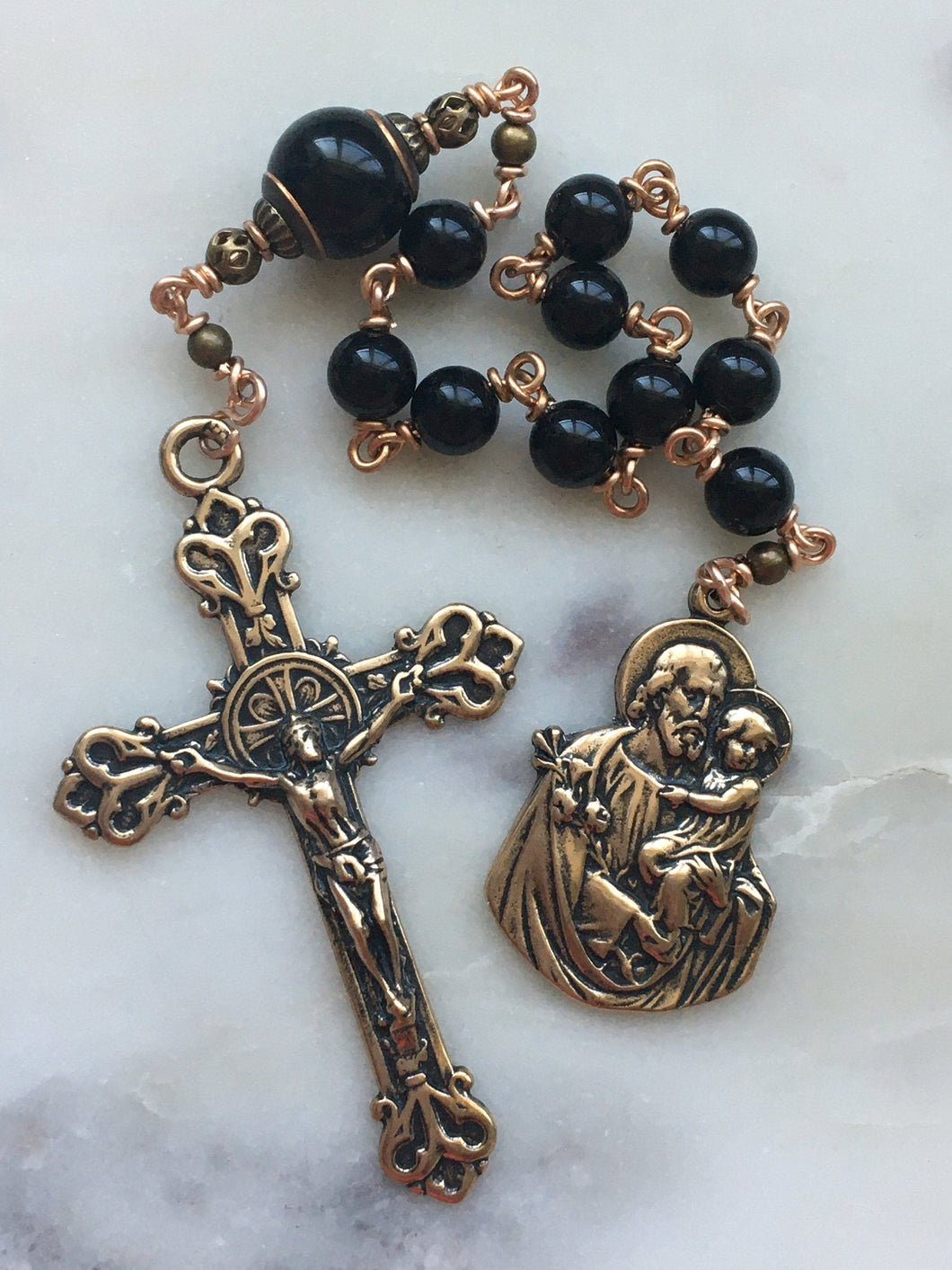 Saint Joseph Single Decade Rosary - Onyx and Bronze - Lilies Crucifix - Tenner