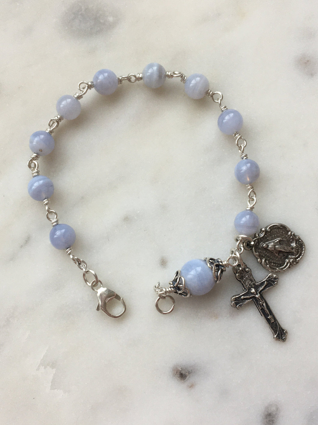 Blue Lace Agate Rosary Bracelet - All Sterling - Wire-wrapped