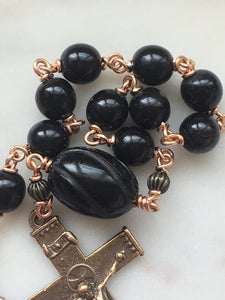 St. Christopher Pocket Rosary - Black Horn Beads - Tenner - Bronze - Single Decade Rosary