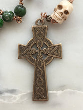 Load image into Gallery viewer, Memento Mori Irish Rosary - Chrome Diopside and Ox Bone Skull  - Bronze - Wire-wrapped Tenner - Saint Patrick - Celtic Cross CeCeAgnes
