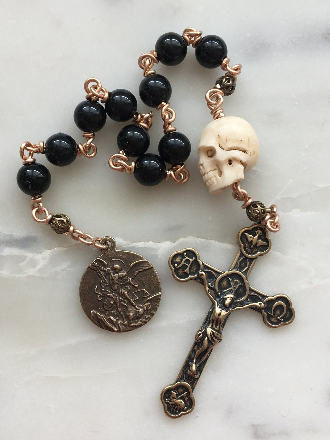 Memento Mori Pocket Rosary - Black Onyx and Ox Bone Skull - Bronze - Tenner - Saint Michael - Single Decade Rosary CeCeAgnes
