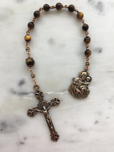 Saint Joseph Single Decade Rosary - Tiger eye and Bronze - Lilies Crucifix - Tenner