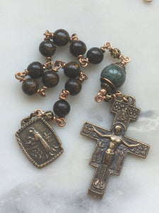 St. Francis Pocket Rosary - Bronzite and Green Chrysoberyl - Francisican Tenner - Bronze - Confirmation - Single Decade Rosary