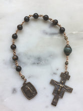 Load image into Gallery viewer, St. Francis Pocket Rosary - Bronzite and Green Chrysoberyl - Francisican Tenner - Bronze - Confirmation - Single Decade Rosary
