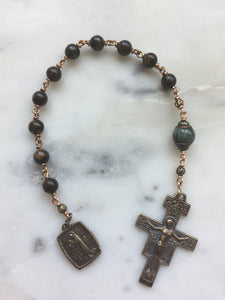 St. Francis Pocket Rosary - Bronzite and Green Chrysoberyl - Francisican Tenner - Bronze - Confirmation - Single Decade Rosary