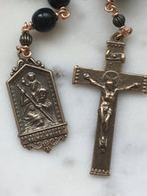 Load image into Gallery viewer, St. Christopher Pocket Rosary - Black Horn Beads - Tenner - Bronze - Single Decade Rosary CeCeAgnes
