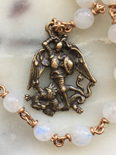 Load image into Gallery viewer, Saint Michael Pocket Rosary - Moonstone and Bronze - Single Decade Rosary
