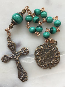 Pocket Rosary - Green Tenner - Malachite Gemstones - Bronze Medals - Single Decade Rosary