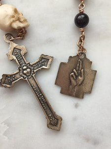 Memento Mori Rosary - Holy Face of Jesus - Garnet and Ox Bone Skull - Bronze - Wire-wrapped Tenner - Pardon Crucifix