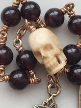 Load image into Gallery viewer, Memento Mori Rosary - Holy Face of Jesus - Garnet and Ox Bone Skull - Bronze - Wire-wrapped Tenner - Pardon Crucifix
