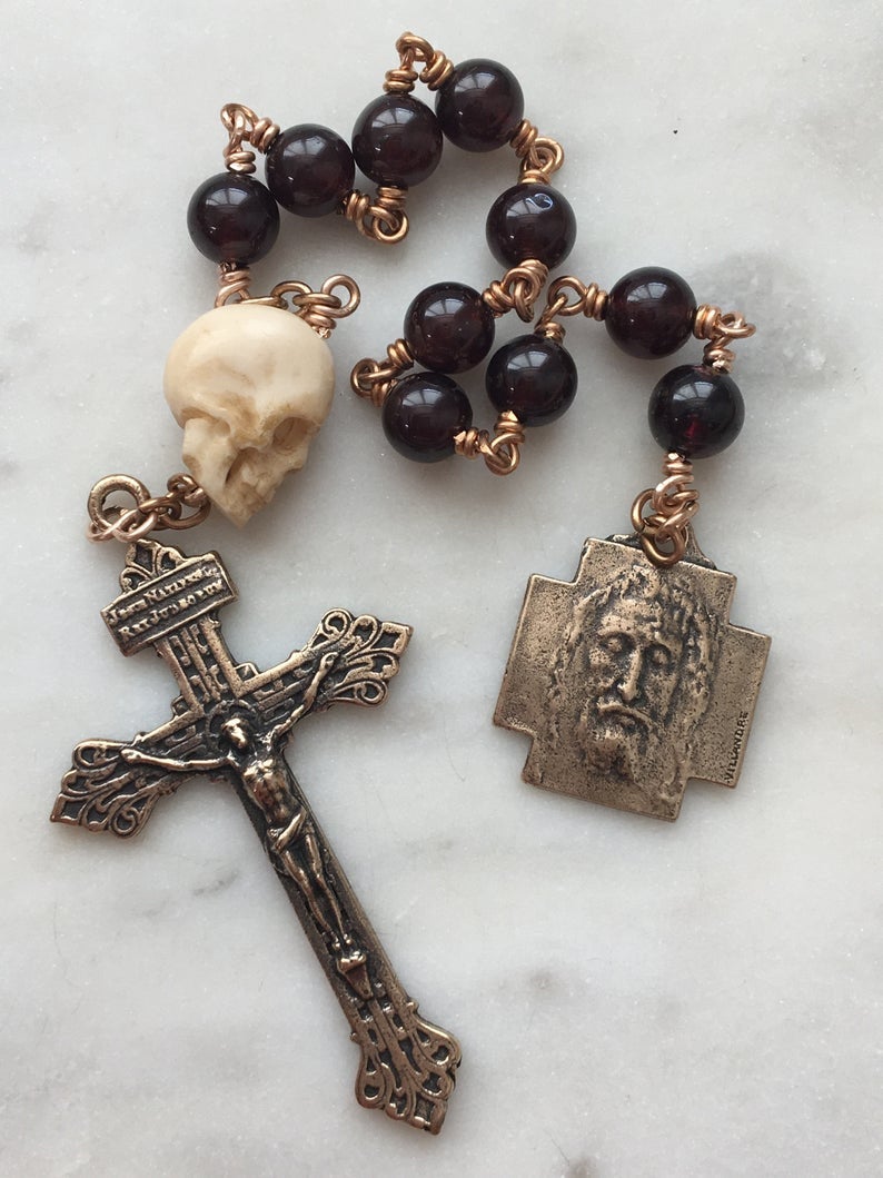 Memento Mori Rosary - Holy Face of Jesus - Garnet and Ox Bone Skull - Bronze - Wire-wrapped Tenner - Pardon Crucifix
