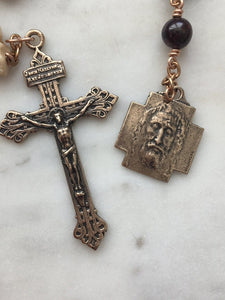 Memento Mori Rosary - Holy Face of Jesus - Garnet and Ox Bone Skull - Bronze - Wire-wrapped Tenner - Pardon Crucifix CeCeAgnes