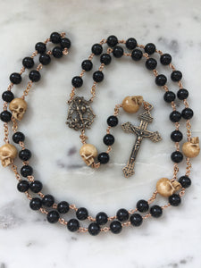 Memento Mori Rosary - Saint Michael- Onyx and Ox Bone Skulls - Bronze - Wire-wrapped - Pardon Crucifix