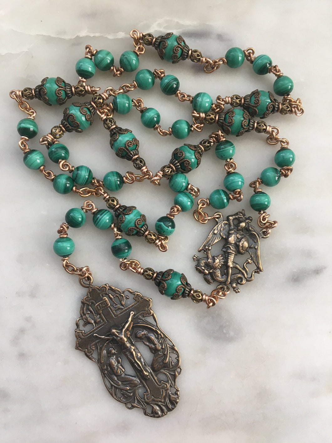 Saint Michael Chaplet - Wire wrapped - Malachite Gemstones - Bronze - St. Michael and Angels Crucifix CeCeAgnes