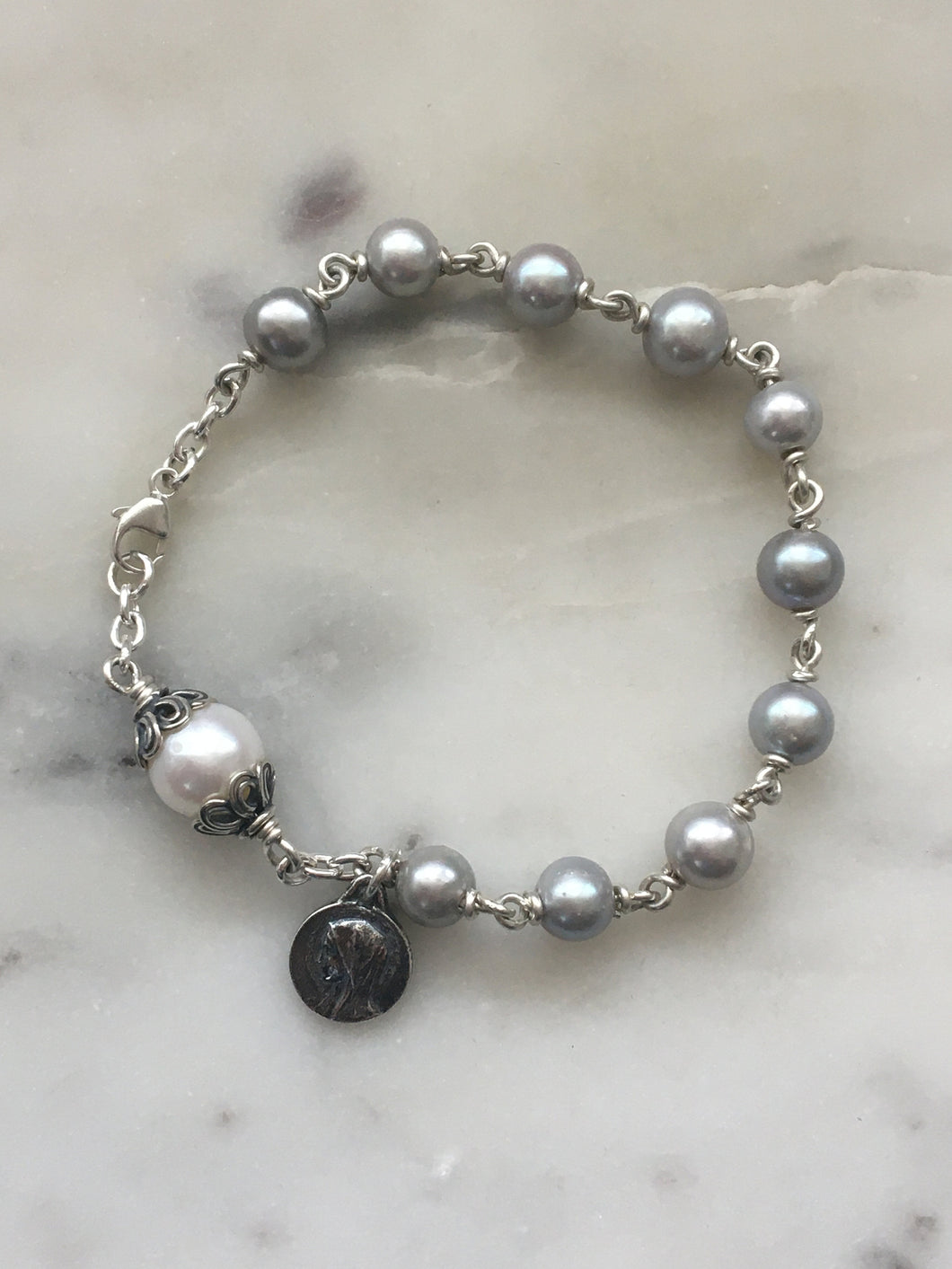 Pearl Rosary Bracelet - All Sterling - Wire-wrapped