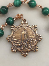 Load image into Gallery viewer, OL of Fatima Pocket Rosary - Green Tenner - Malachite Gemstones - Bronze Medals - Single Decade Rosary CeCeAgnes
