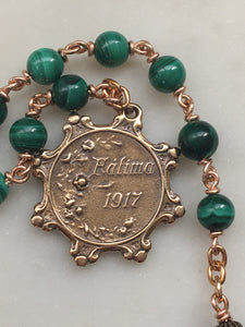 OL of Fatima Pocket Rosary - Green Tenner - Malachite Gemstones - Bronze Medals - Single Decade Rosary CeCeAgnes