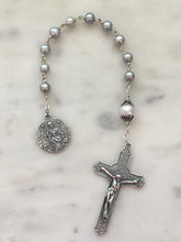 Load image into Gallery viewer, Guardian Angel Pocket Rosary - Pearls and Silver - Spanish Crucifix - Single Decade Tenner - Sterling Silver
