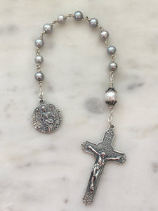 Guardian Angel Pocket Rosary - Pearls and Silver - Spanish Crucifix - Single Decade Tenner - Sterling Silver
