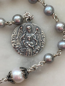 Guardian Angel Pocket Rosary - Pearls and Silver - Spanish Crucifix - Single Decade Tenner - Sterling Silver