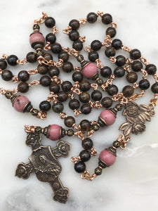 Bronze Carmelite Rosary - Saint Therese - Bronzite - Brown and Pink Gemstones CeCeAgnes
