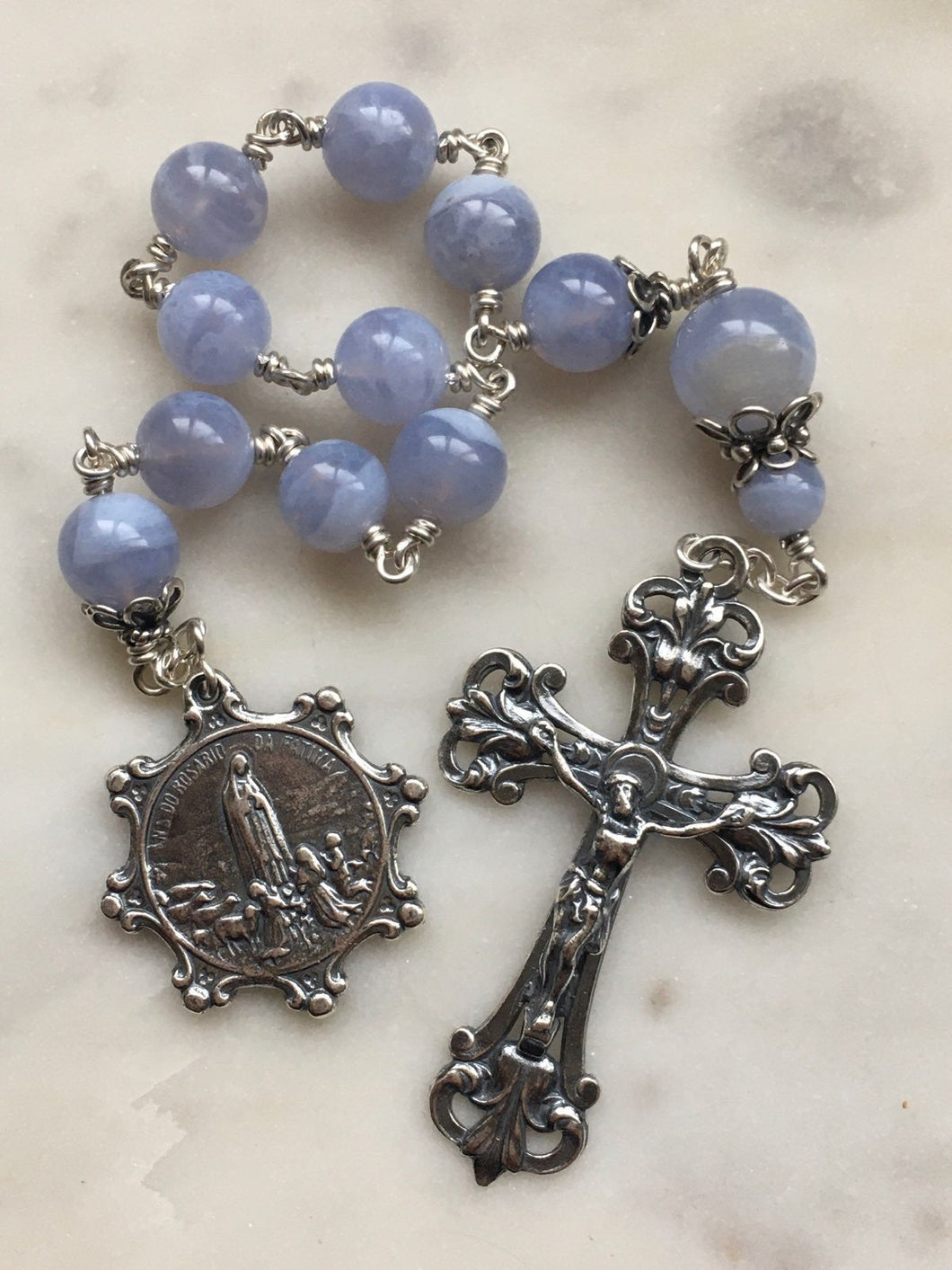 Sterling Pocket Rosary - Our Lady of Fatima Tenner - Blue Lace Agate - Beautiful Crucifix - One Single Decade Rosary