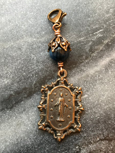 Bag Charm  Catholic Miraculous Medal Zipper Pull - Bronze and Kyanite