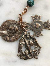 Load image into Gallery viewer, Saint Joan of Arc, Saint Michael and Sacred Heart Pocket Rosary - Chrysocolla and Bronze
