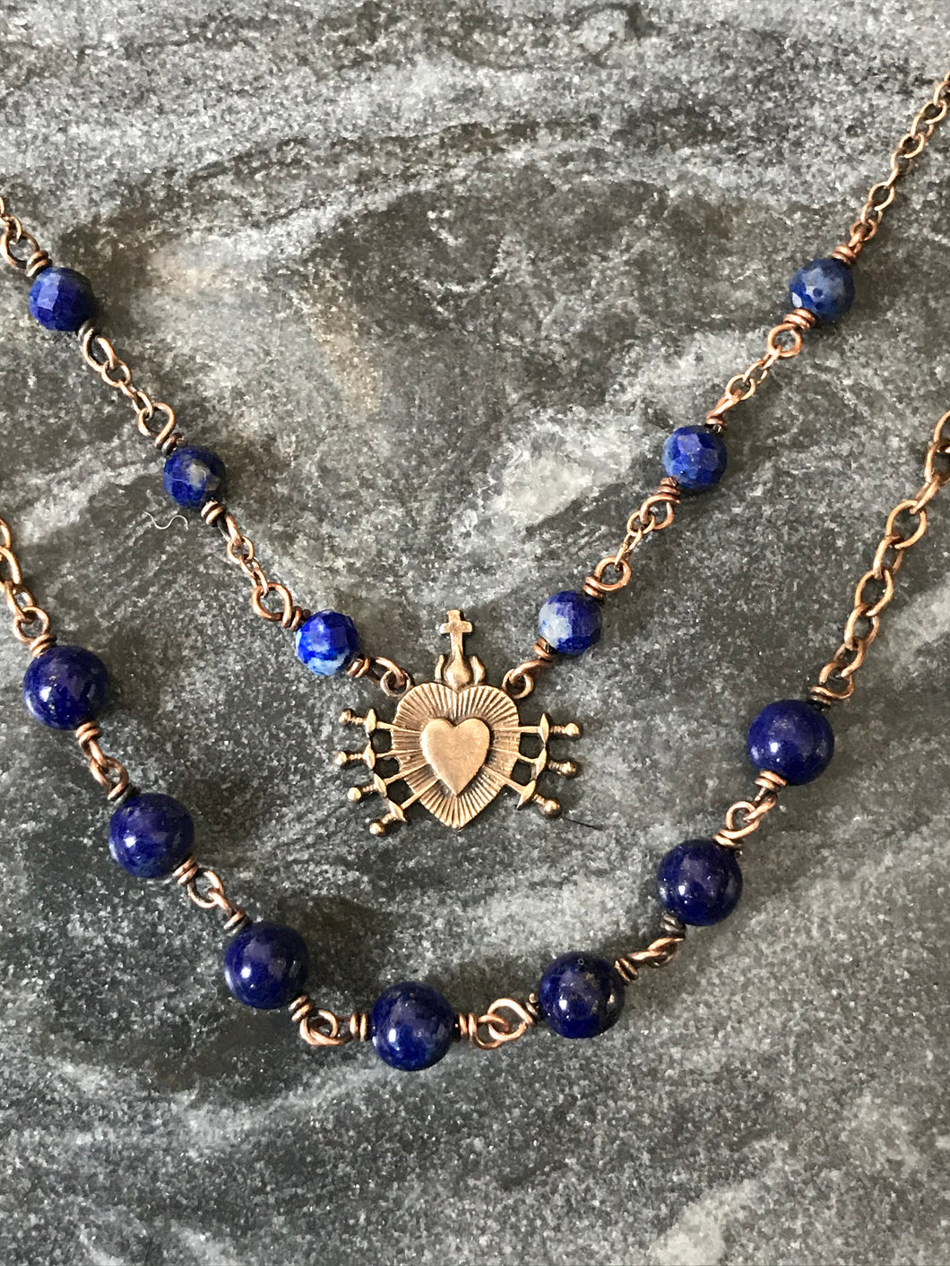 Seven Sorrows Necklace- OL of Sorrows, Lapis Gemstones and Bronze