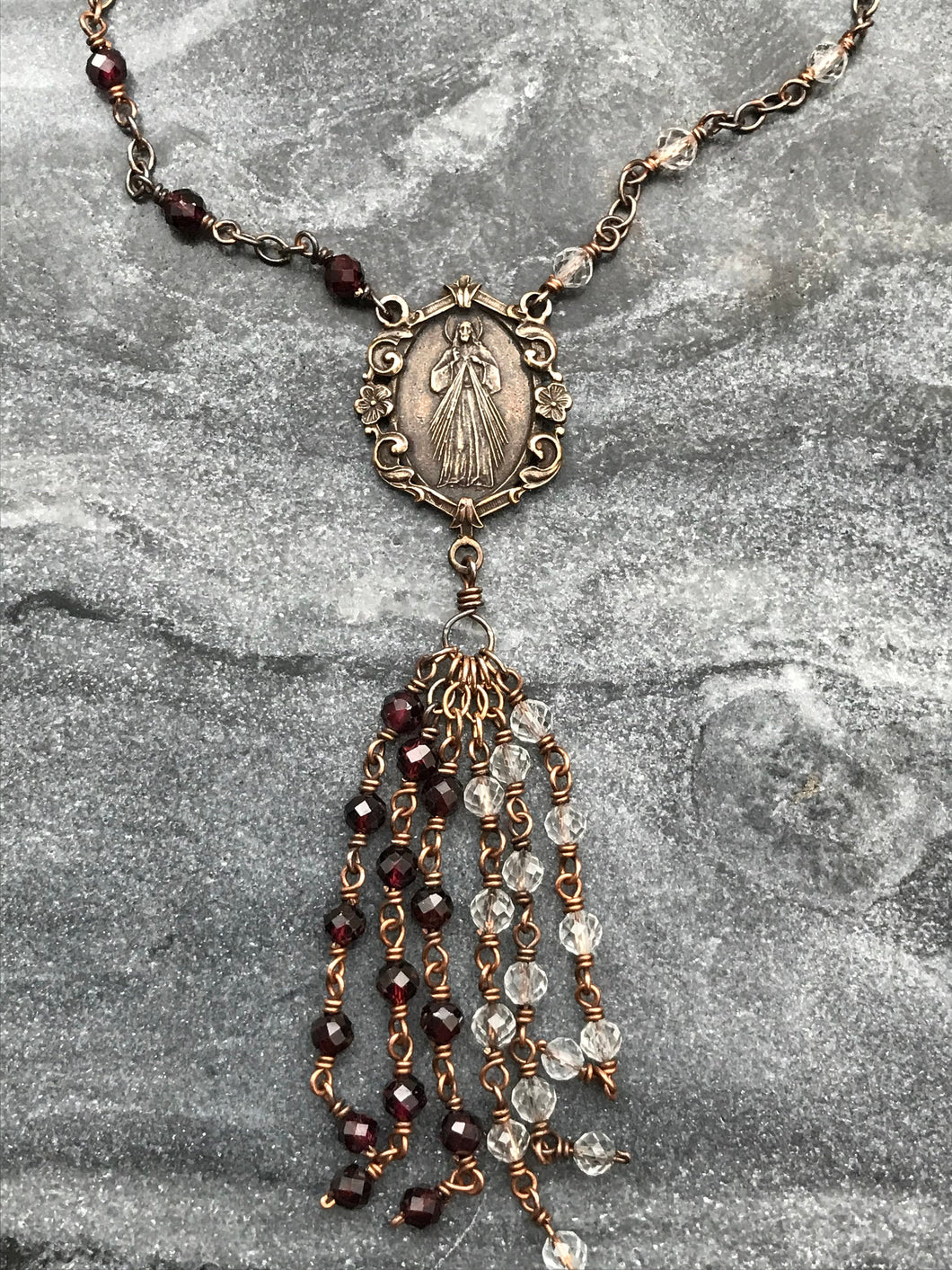 Divine Mercy Beaded Tassel Neckace, Gemstones and Bronze