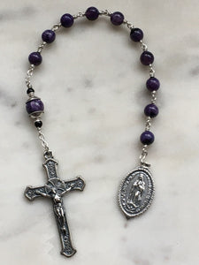 Sterling Pocket Rosary - Our Lady of Guadalupe Tenner - Purple Charoite - Beautiful Crucifix - One Single Decade Rosary