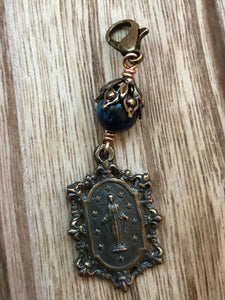 Bag Charm  Catholic Miraculous Medal Zipper Pull - Bronze and Kyanite