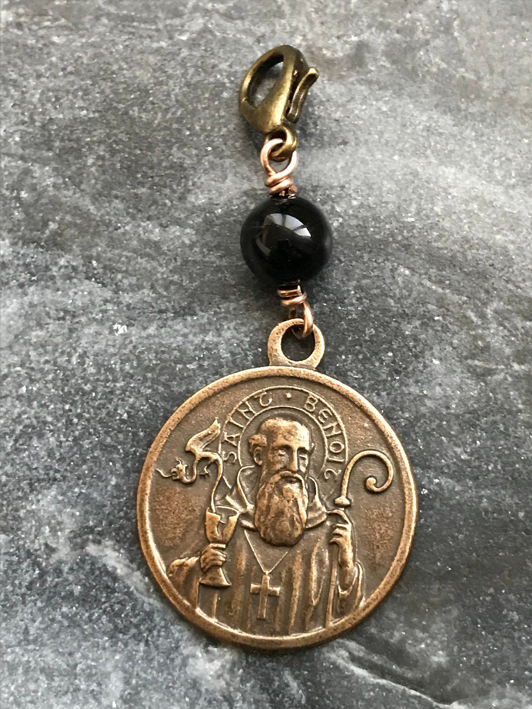 Bag Charm  Catholic Saint Benedict Zipper Pull - Bronze and Onyx